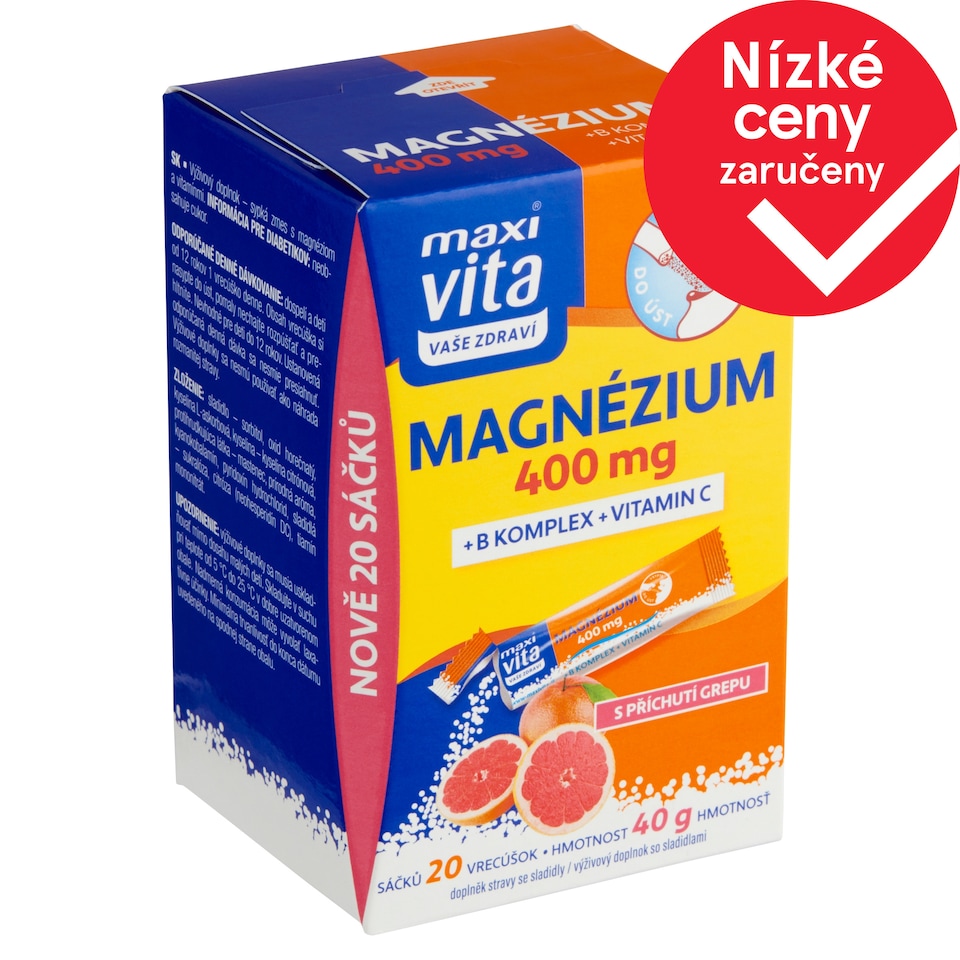 Obrázek 1 pro produkt Maxi Vita Vaše Zdraví Magnézium 400 mg + B komplex + vitamin C s příchutí grepu 20 sáčků 40g