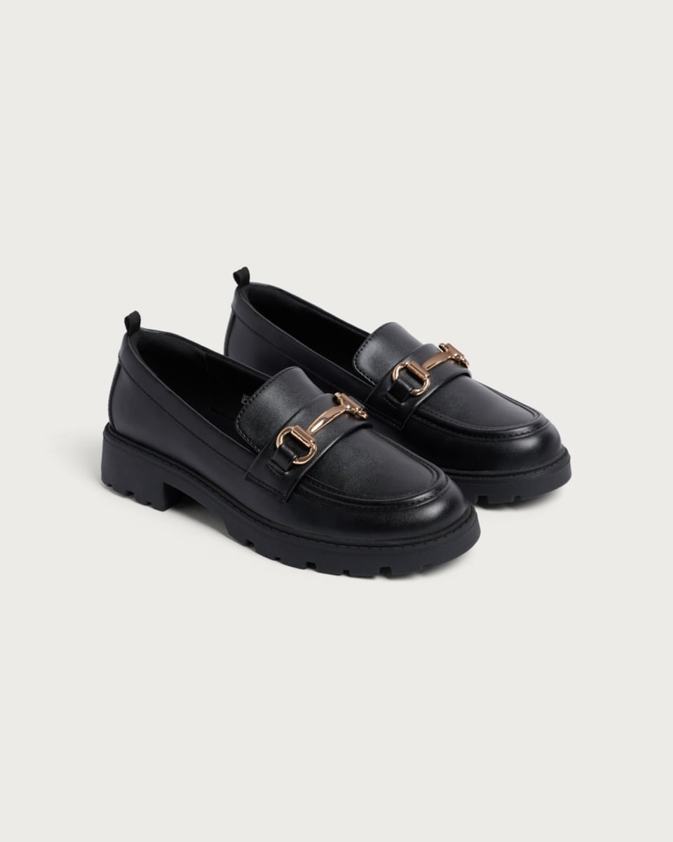 F&F School Girls Gold Trim Loafers in Black