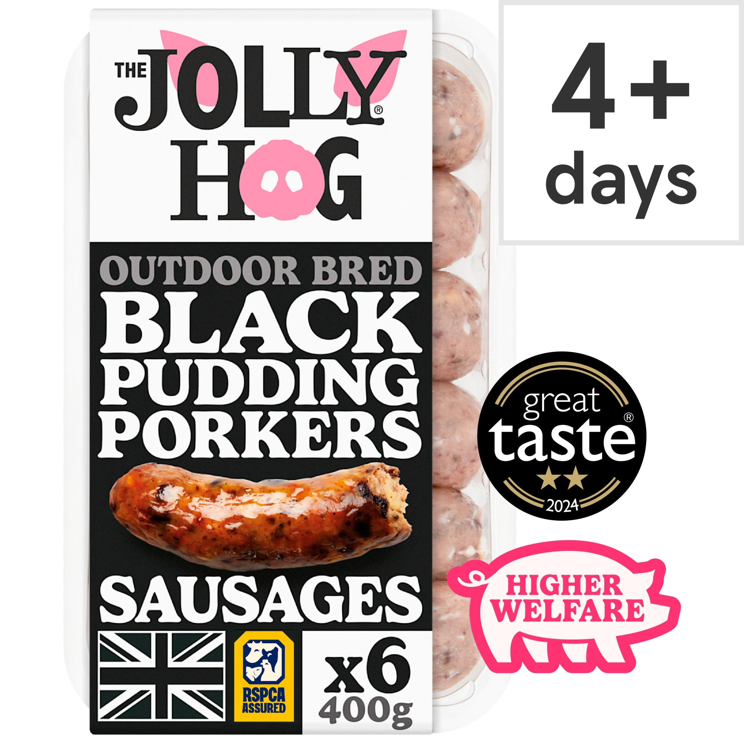 The Jolly Hog 6 Black Pudding Porker sausages with Black Pudding and Apple 400g |British & Outdoor Bred