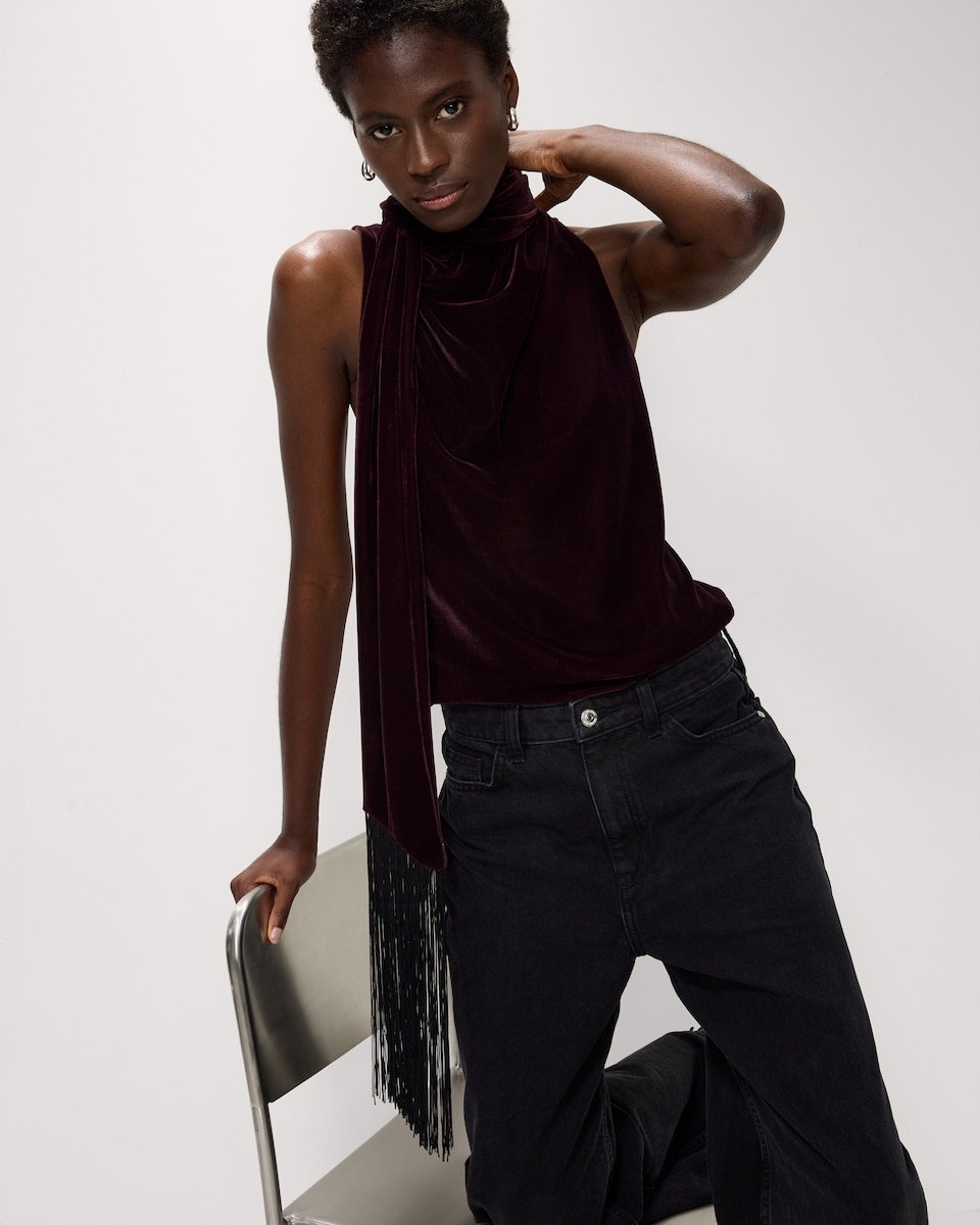 image 1 of F&F Velvet Fringed Halter Neck Top in Burgundy