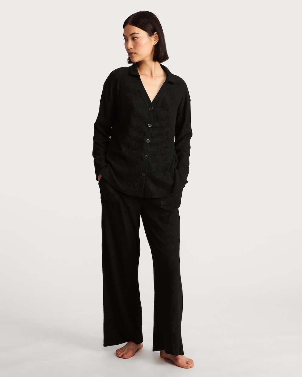 image 1 of F&F Ribbed Revere Button Up Pyjama Set in Black