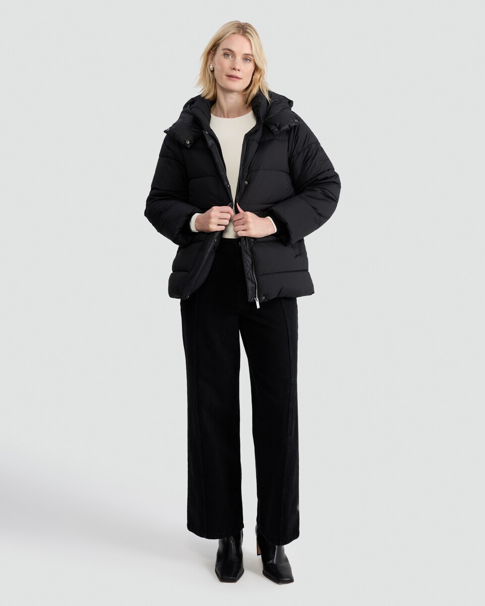 image 1 of F&F Hooded Shower Resistant Puffer Jacket in Black