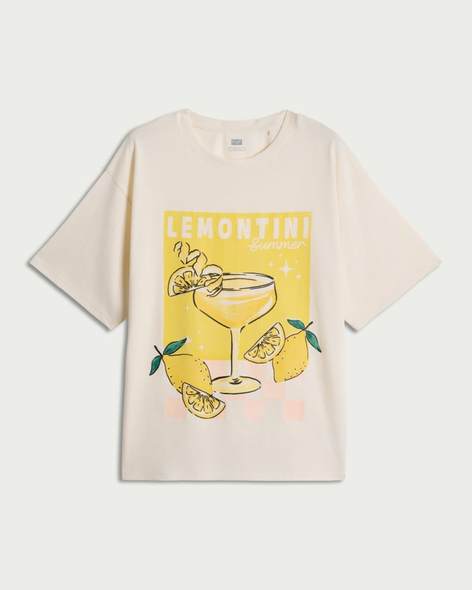 image 1 of F&F Pure Cotton Lemontini Summer Print T-Shirt in Cream