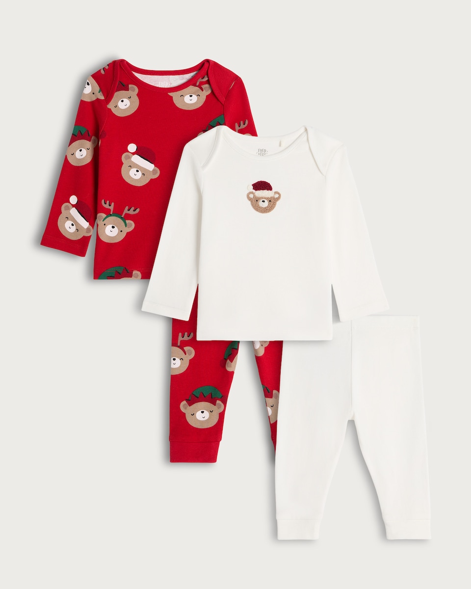 image 1 of F&F Baby 2-Pack Pure Cotton Festive Bear Pyjama Set in White