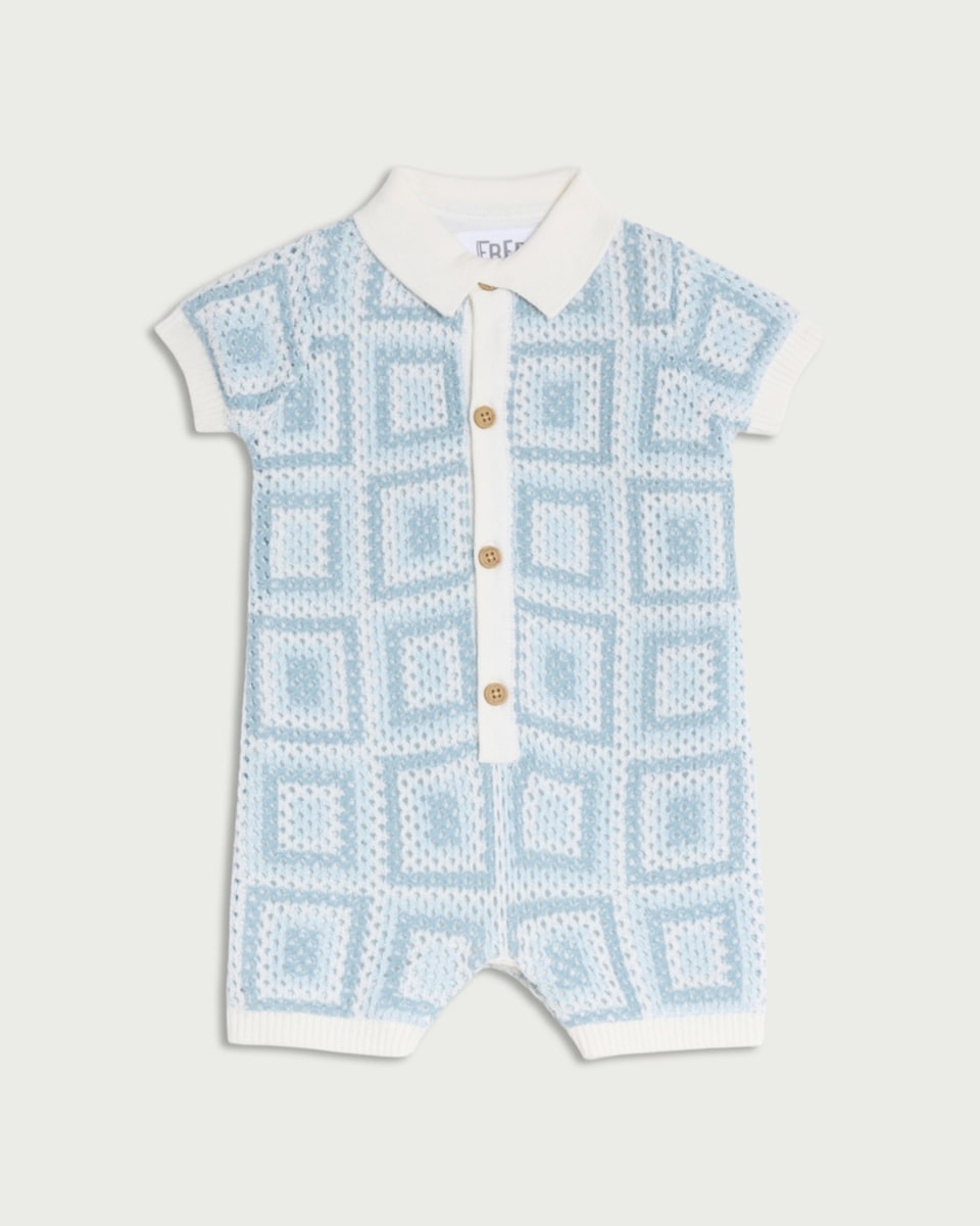 image 1 of F&F Baby Pure Cotton Geometric Knitted Romper in Blue