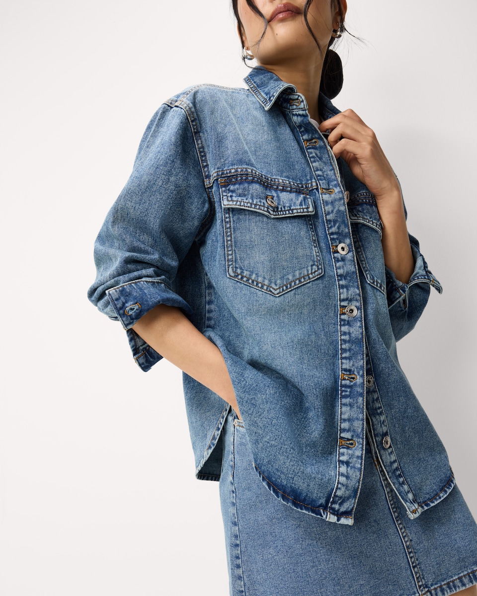 image 1 of F&F Pure Cotton Button Up Denim Shirt in Blue