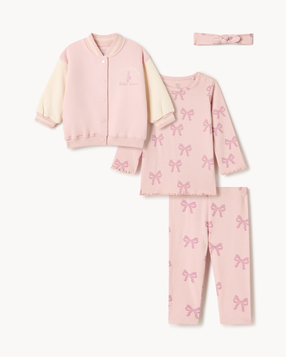 image 1 of F&F Baby Cotton Rich Jacket, Top, Leggings and Headband Set in Pink