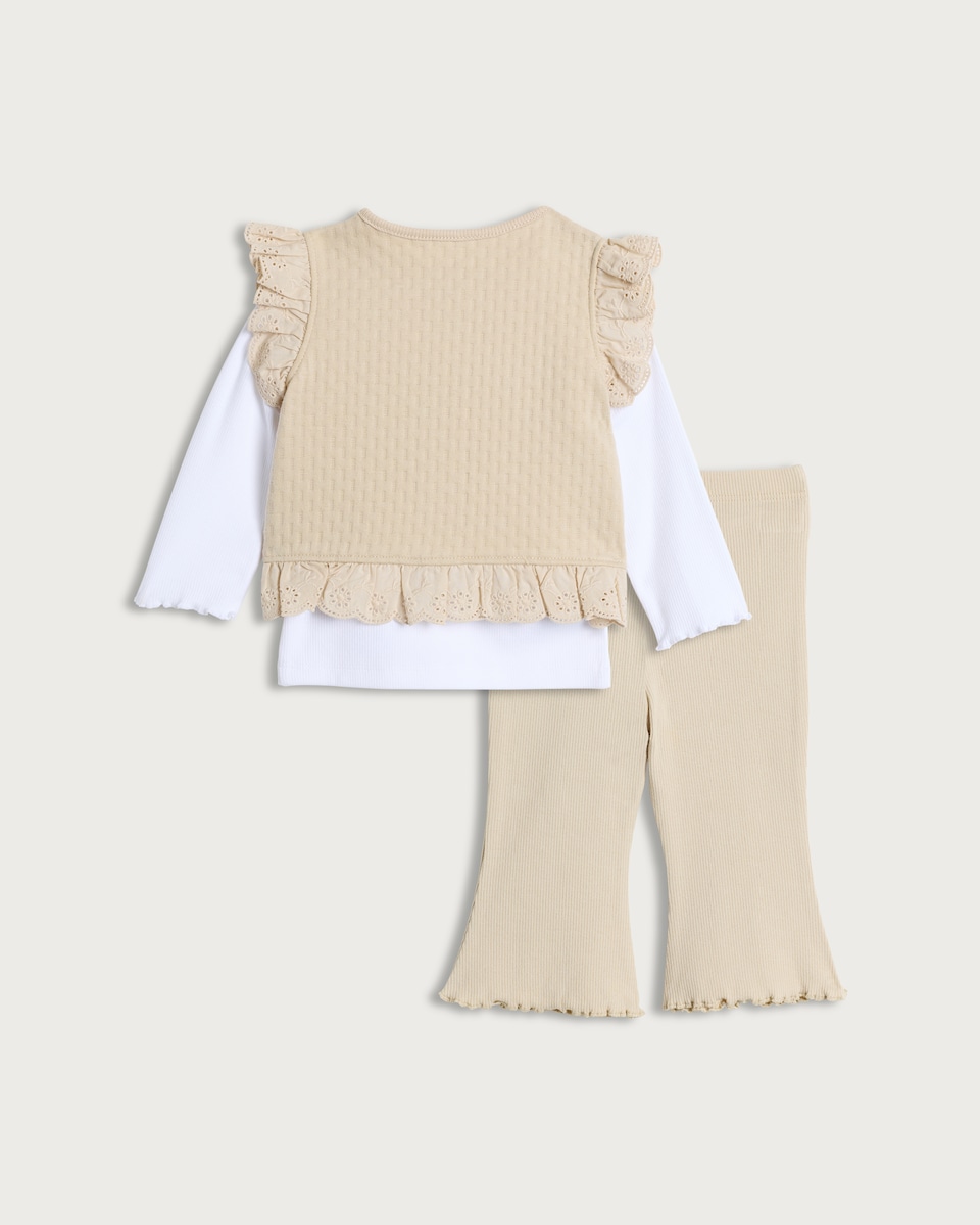 image 1 of F&F Baby 3-Piece Top, Waistcoat and Flared Leggings in Stone