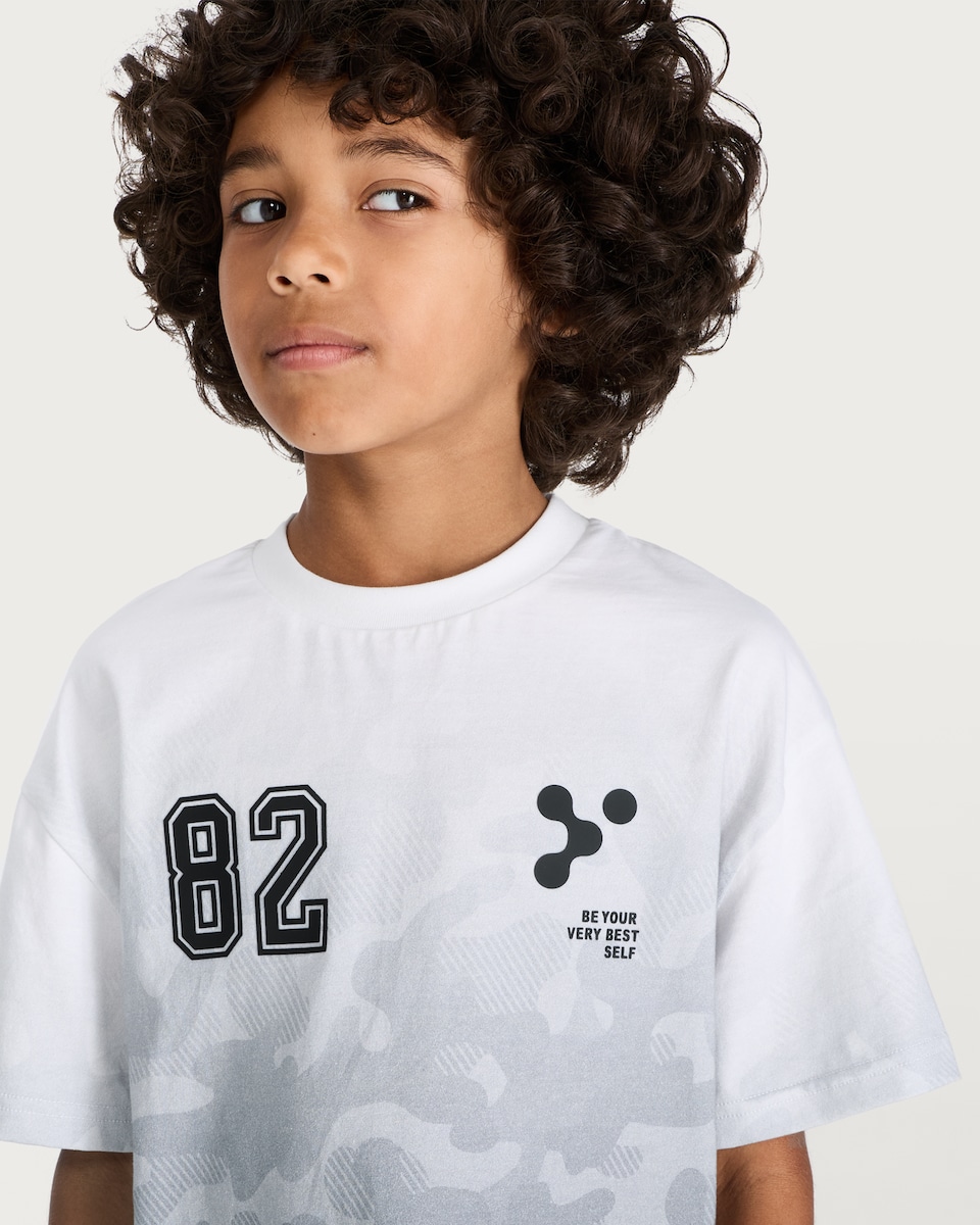 image 1 of F&F Boys Pure Cotton Be Your Very Best Self Camouflage T-Shirt in White