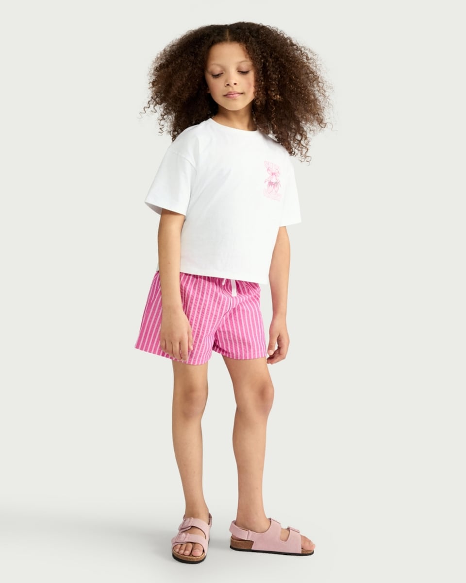 image 1 of F&F Girls 2-Piece Strawberry Print T-Shirt and Striped Shorts Set in Multi Pink