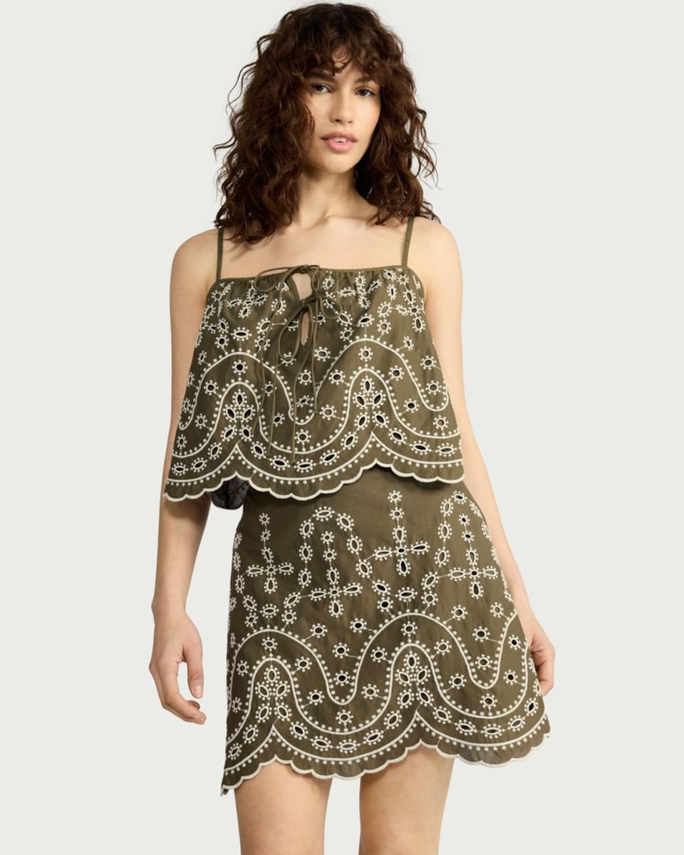 image 1 of F&F Pure Cotton Embroidered Co-ord Mini Skirt in Khaki