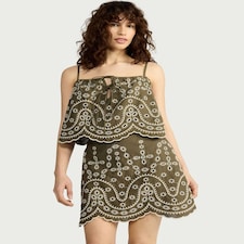 F&F Pure Cotton Embroidered Co-ord Mini Skirt in Khaki