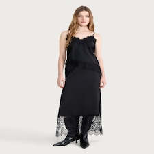F&F Satin Lace Trim Co-ord Midi Skirt in Black