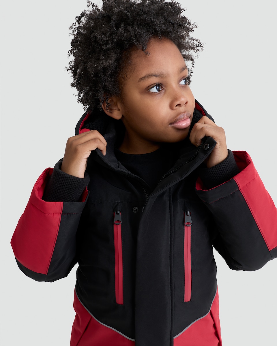 image 1 of F&F Boys Colour Block Hooded Waterproof Jacket in Red