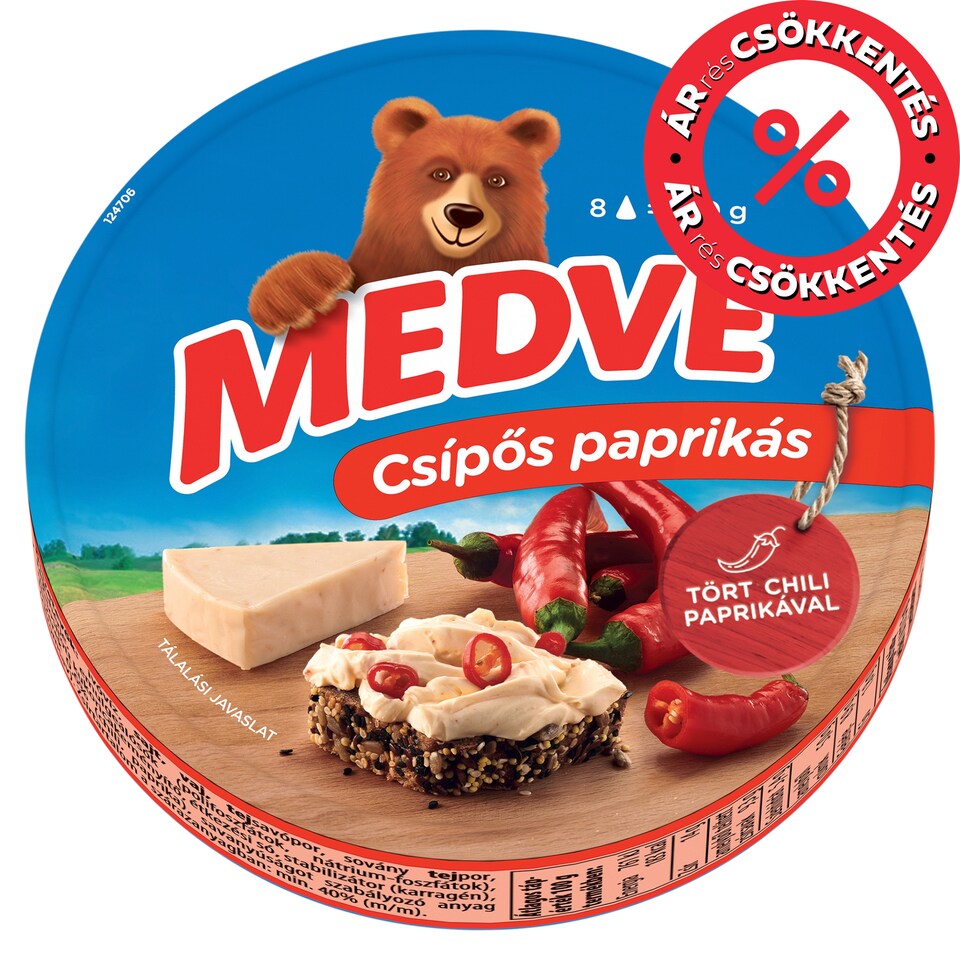 Medve Semi-Fat Processed Cheese Spread with Hot Paprika 8 x 17,5 g (140 g)
