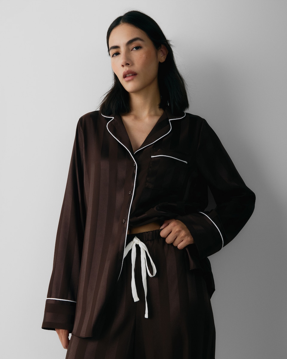 image 1 of F&F CoolEase™ Satin Striped Pyjama Set in Chocolate