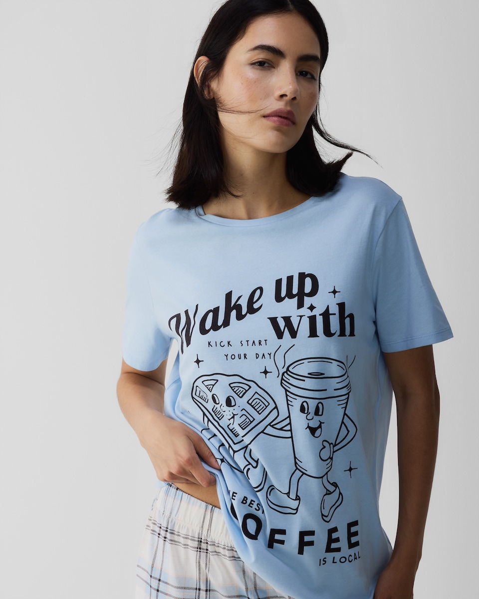 image 1 of F&F Pure Cotton Coffee Print Pyjama Set in Multi Blue