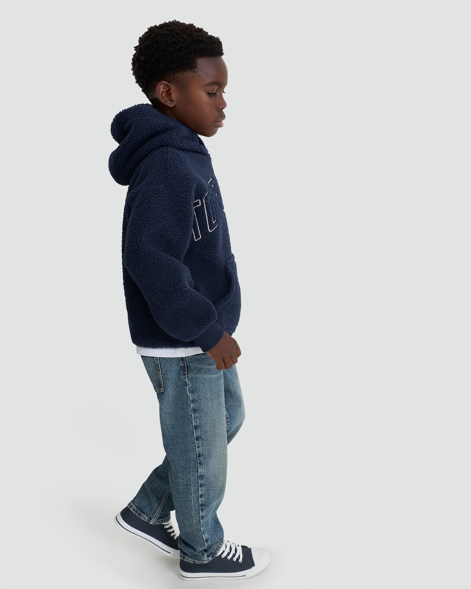 image 1 of F&F Boys Borg Textured Slogan Hoodie in Navy