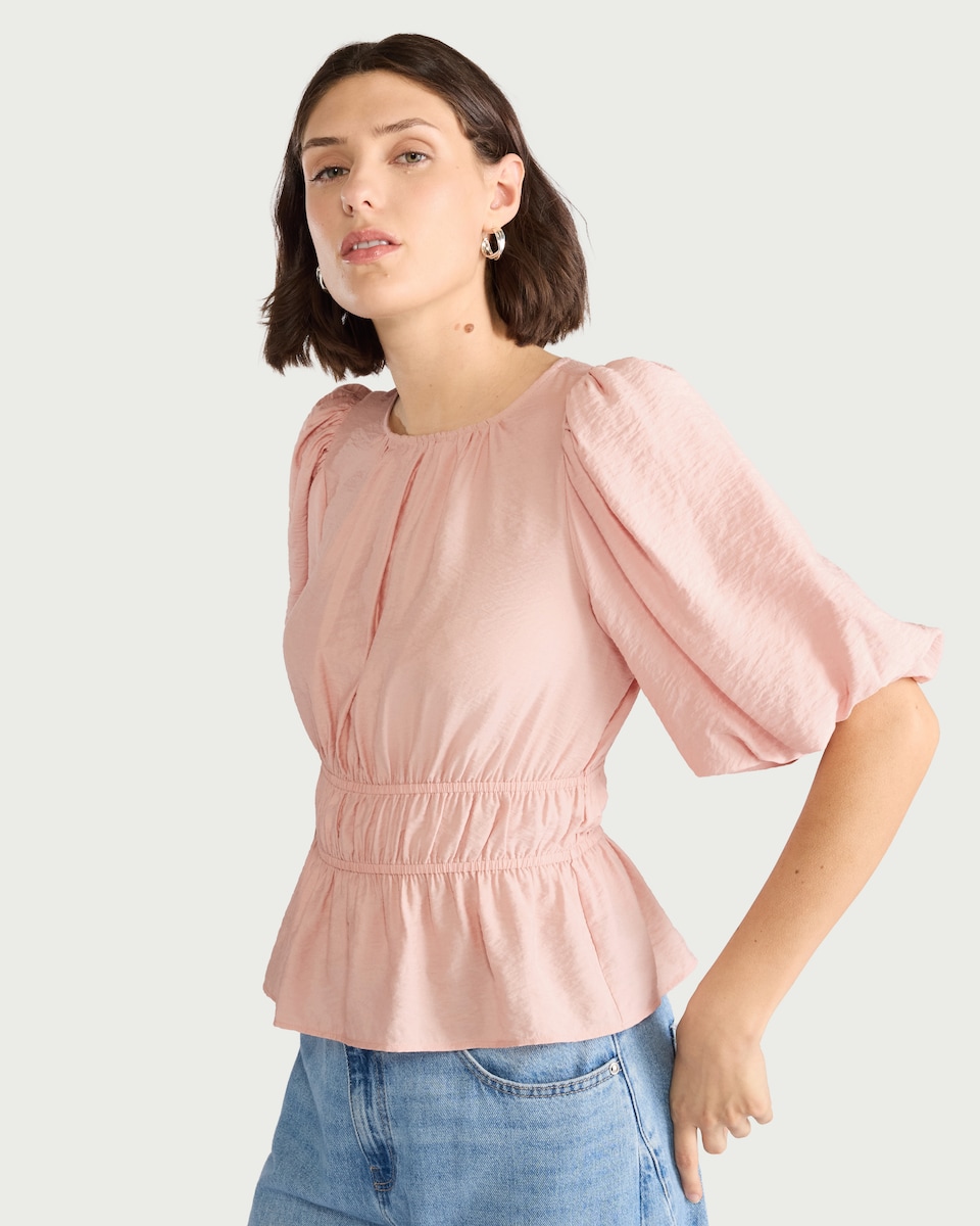 image 1 of F&F Shirred Puff Sleeve Blouse in Pink
