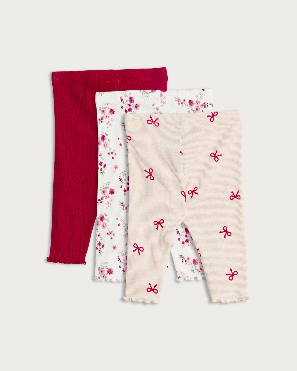 image 1 of F&F Baby 3-Pack Cotton Rich Floral and Bow Print Leggings in Red