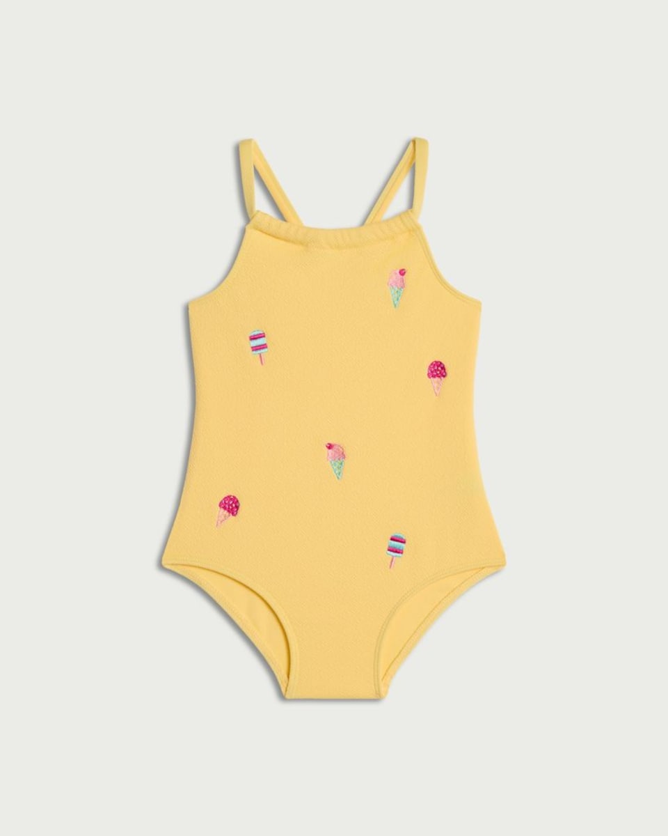 image 1 of F&F Girls Ice Cream Embroidered Swimsuit in Yellow