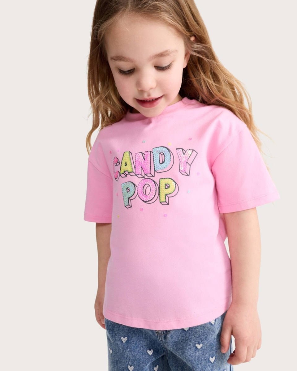 image 1 of F&F Girls Pure Cotton Sequin Candy Pop Print T-Shirt in Hot Pink