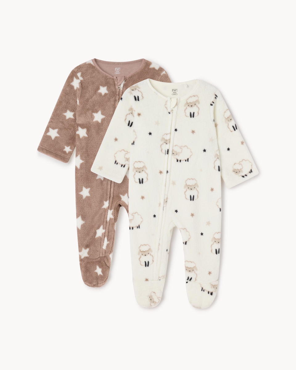 image 1 of F&F Baby 2-Pack Star and Sheep Fleece Sleepsuits in Neutral