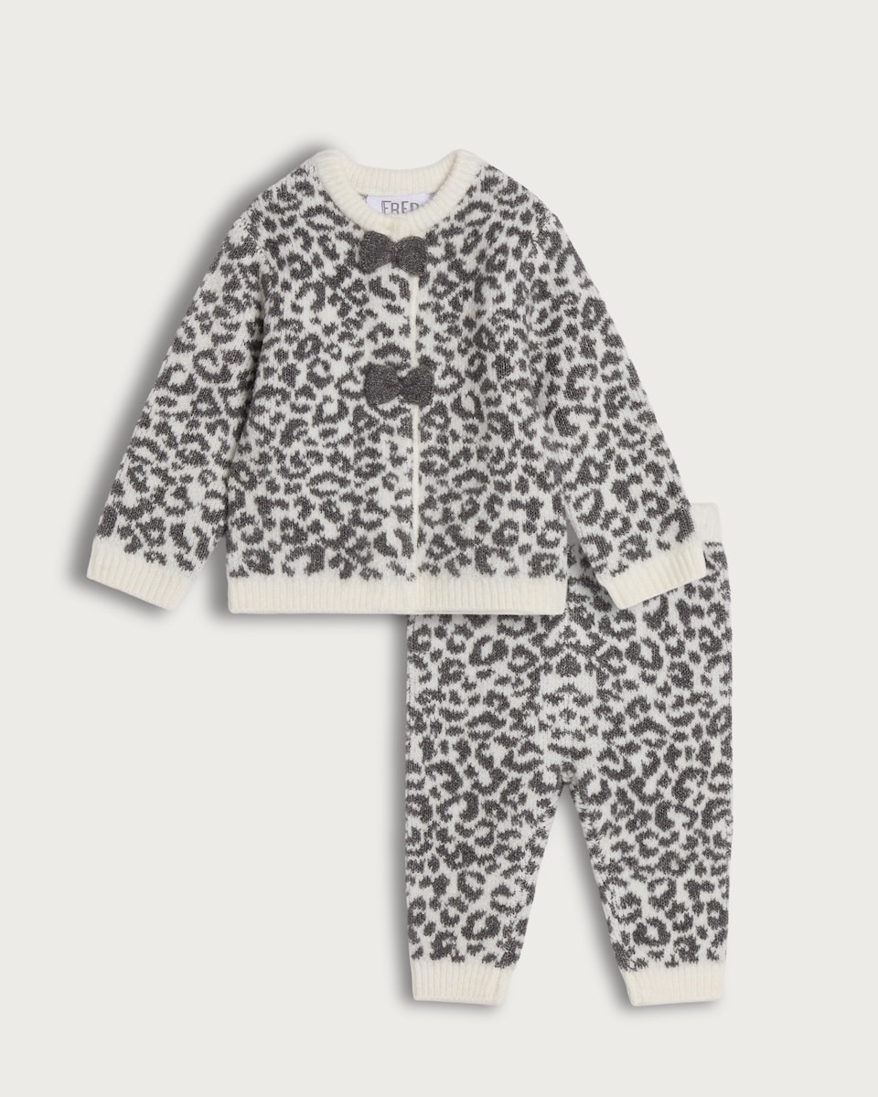 image 1 of F&F Baby 2-Piece Knitted Leopard Print Set in Grey