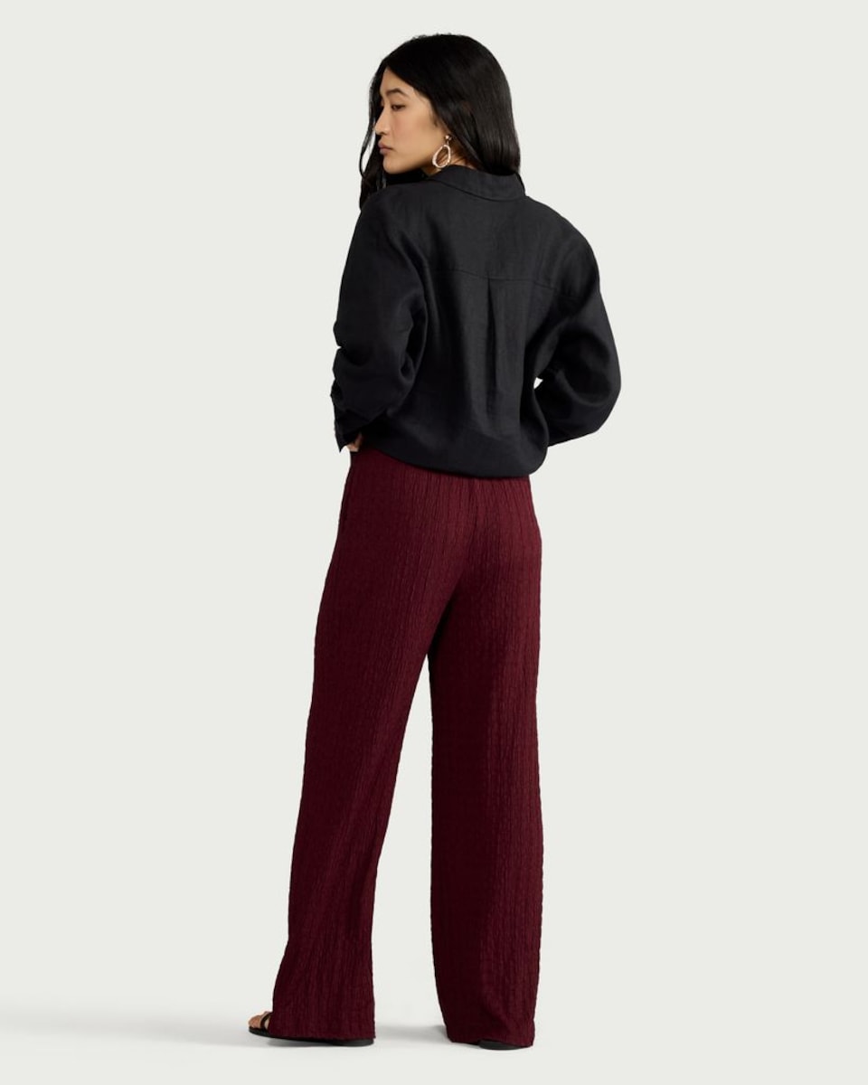 image 1 of F&F Textured Wide Leg Trousers in Burgundy