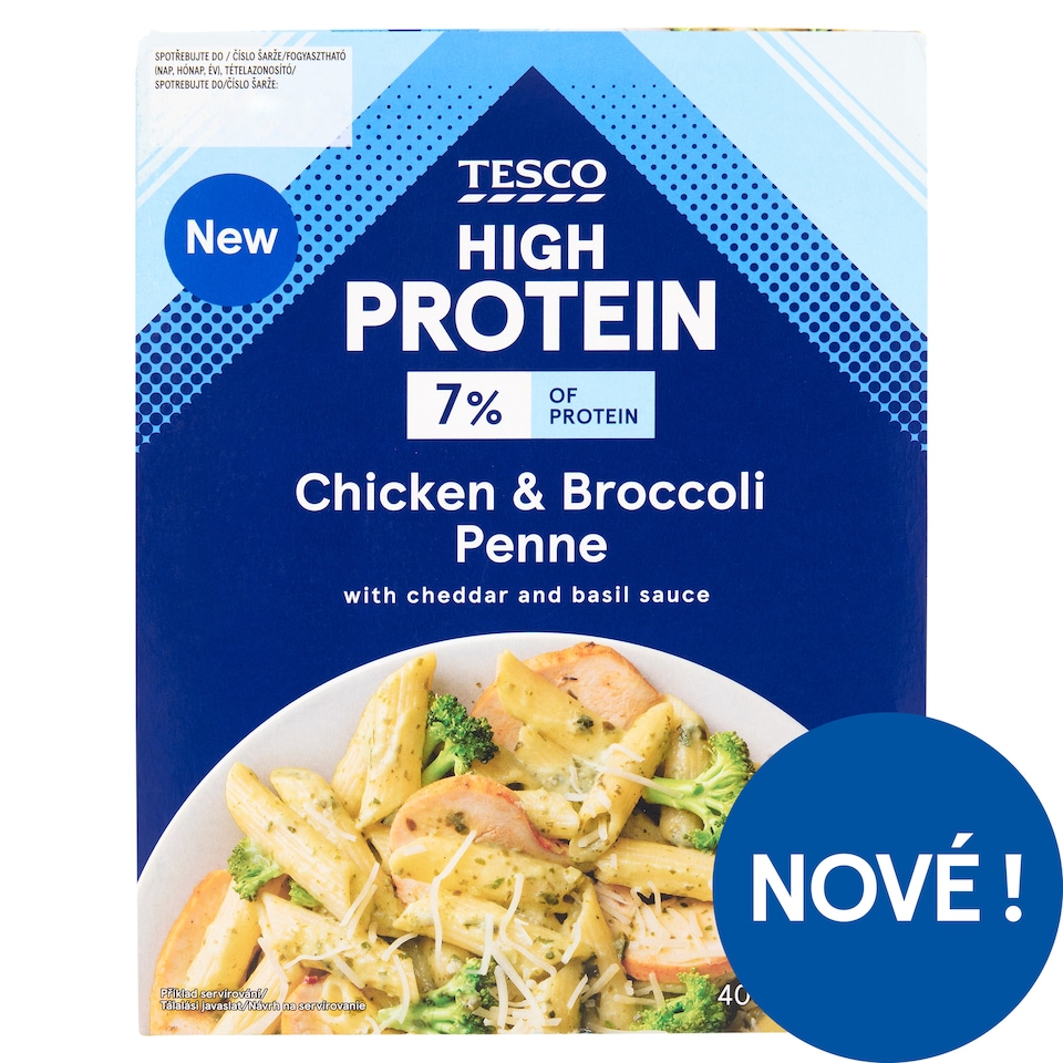 Tesco High Protein vařené semolinové těstoviny penne s bazalkovou omáčkou 400g