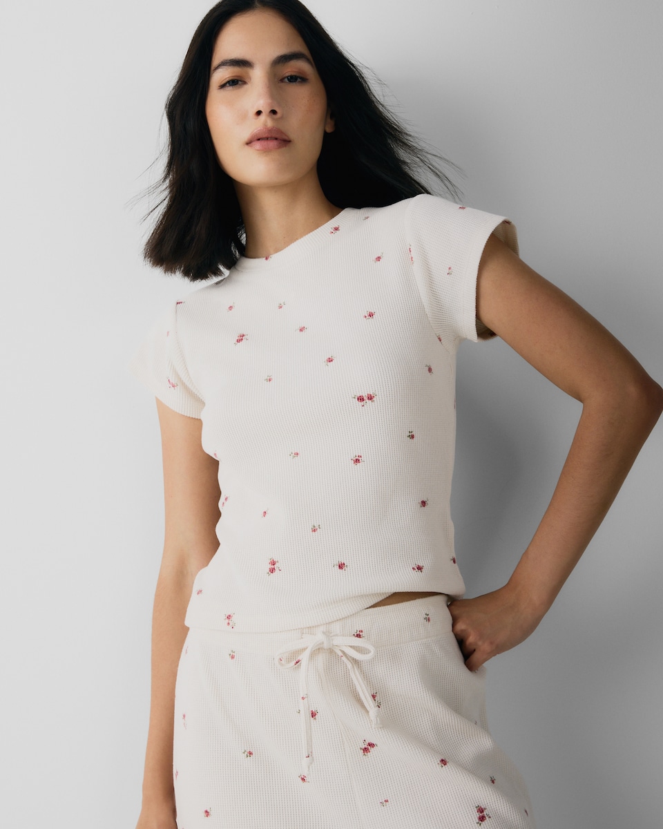 image 1 of F&F Waffle Textured Floral Pyjama Set in Cream