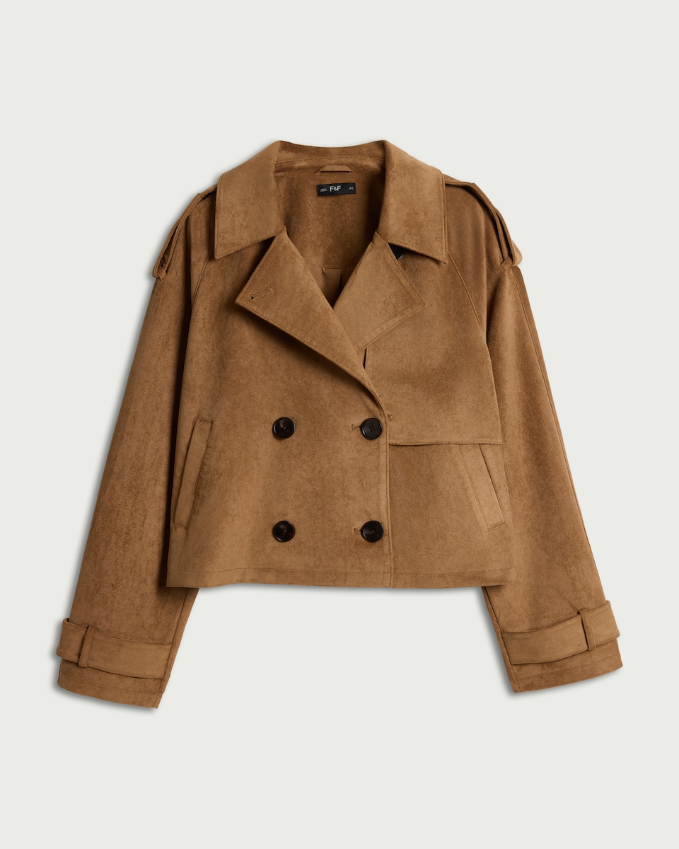 image 1 of F&F Faux Suede Cropped Trench Jacket in Med Nude
