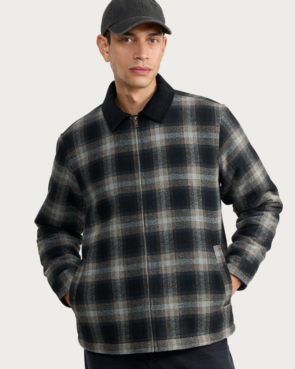 image 1 of F&F Check Print Borg Lined Zip Up Jacket in Black