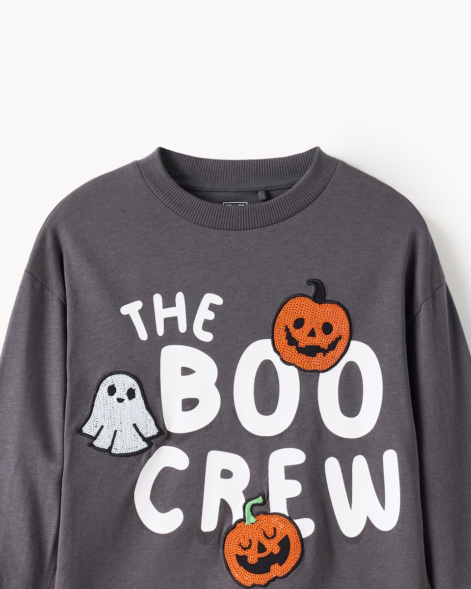 image 1 of F&F Boys Pure Cotton Boo Crew Halloween Print Top in Grey
