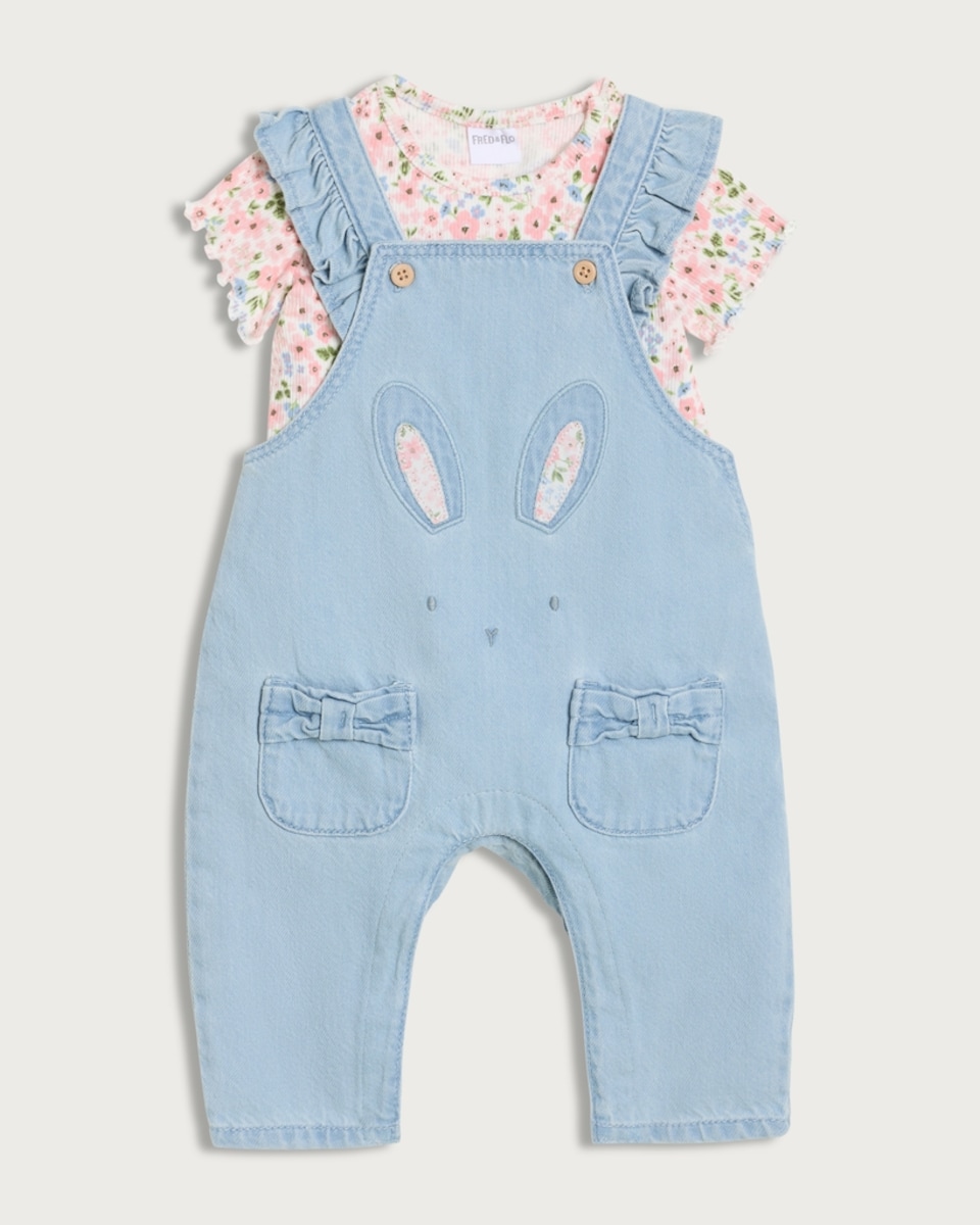 F&F Baby 2-Piece Pure Cotton Bunny Dungarees and Bodysuit Set in Blue