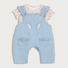F&F Baby 2-Piece Pure Cotton Bunny Dungarees and Bodysuit Set in Blue