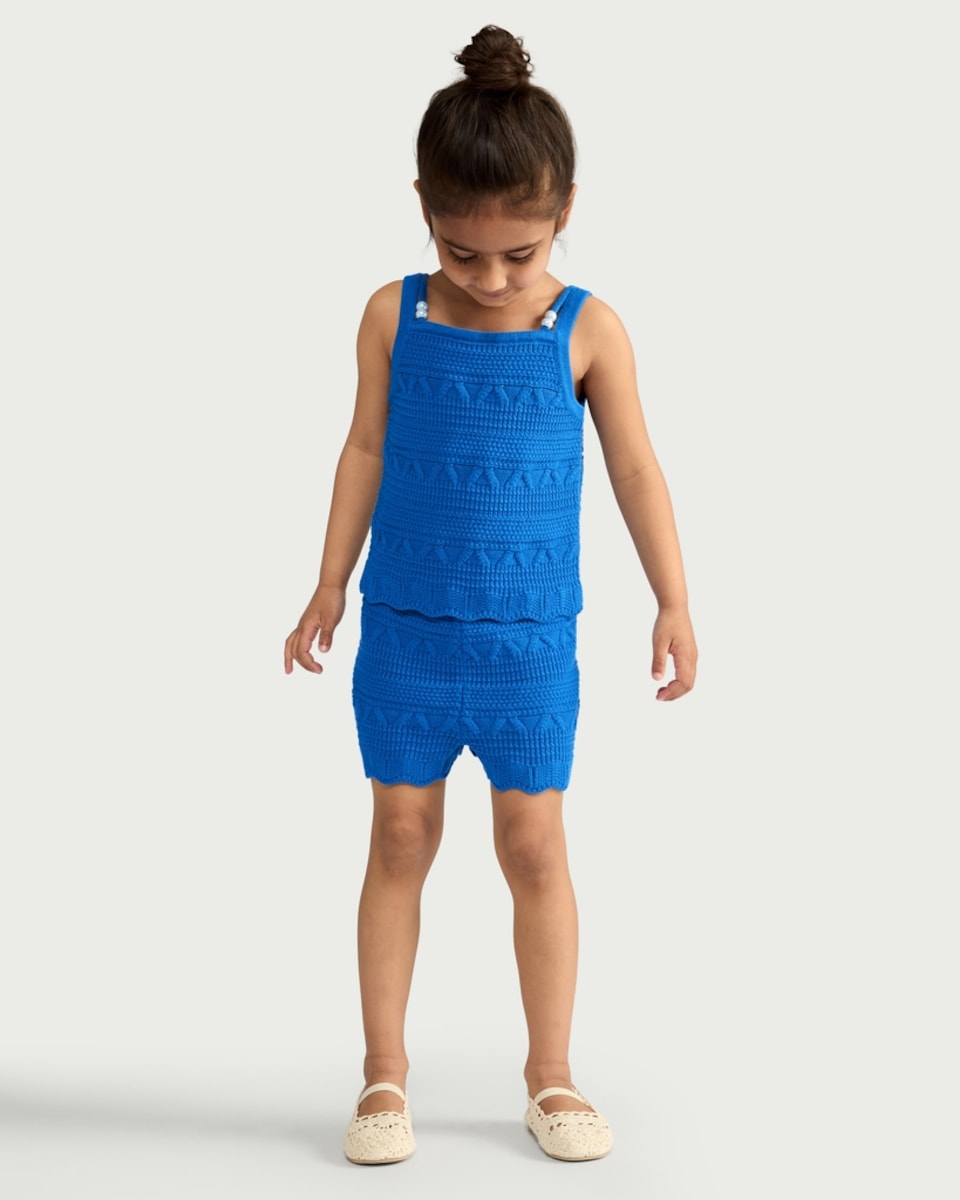 image 1 of F&F Girls 2-Piece Pure Cotton Knitted Top and Shorts Set in Blue