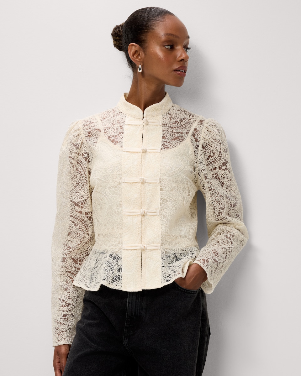 image 1 of F&F Lace Peplum Blouse in Cream