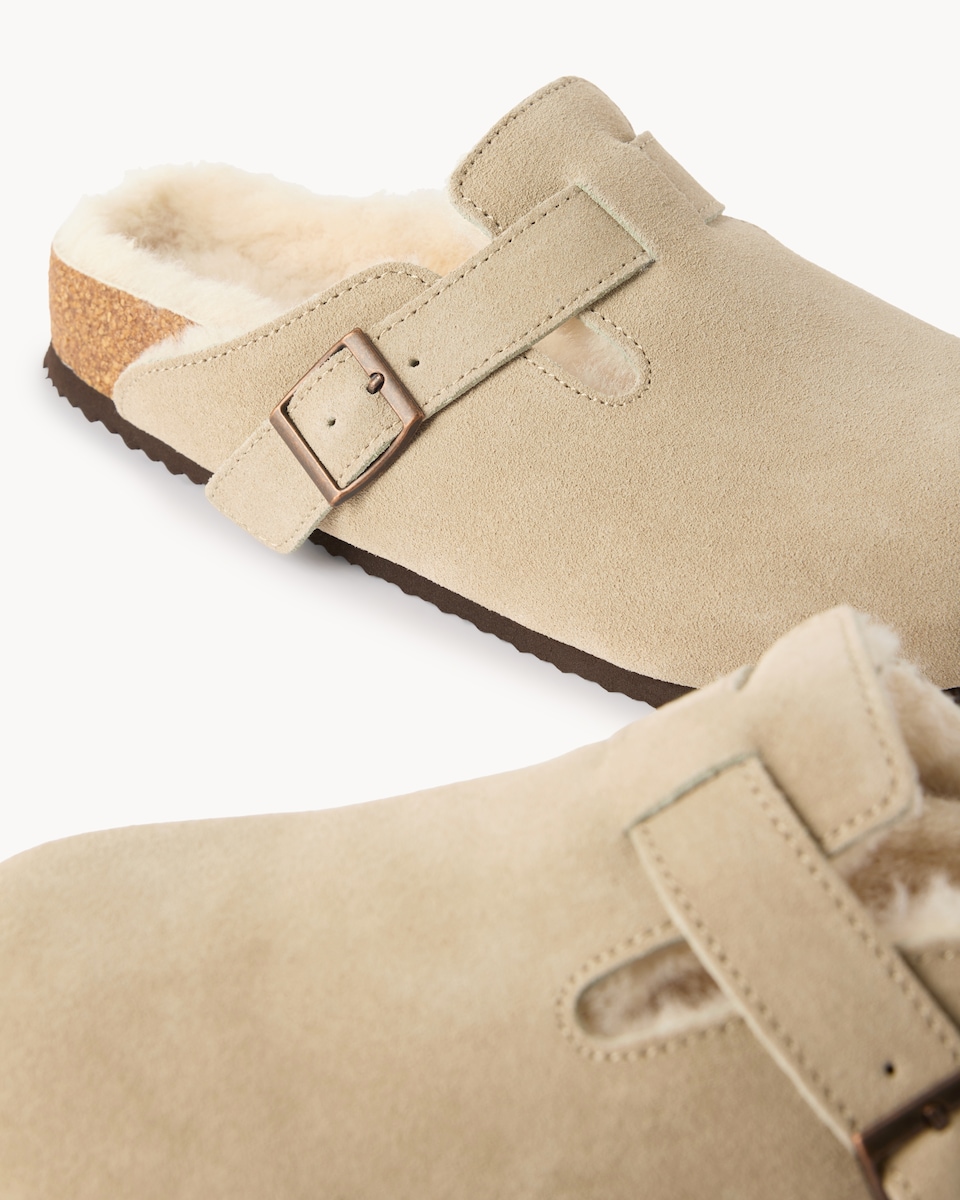 image 1 of F&F Suede Faux Fur Lined Slippers in Tan