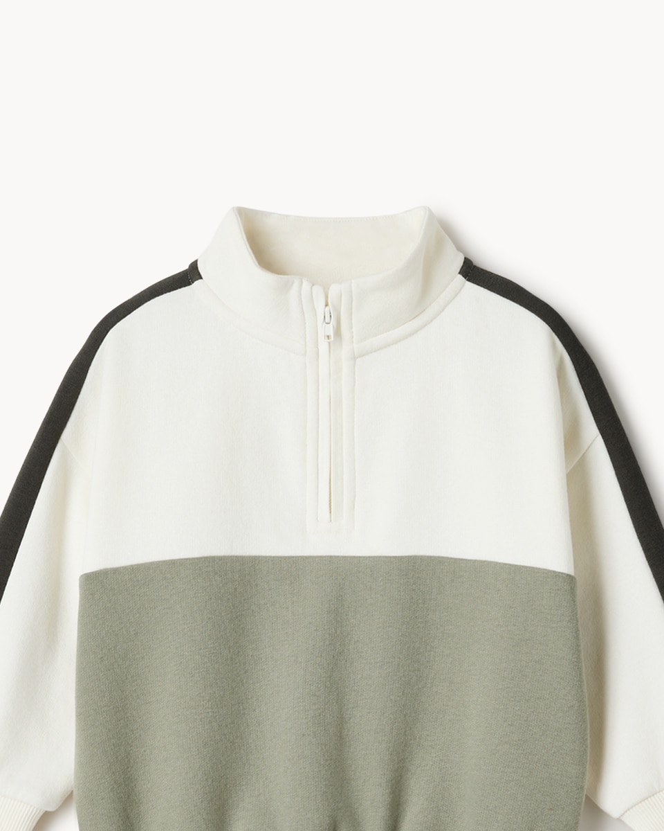 image 1 of F&F Boys Cotton Rich Colour Block Half Zip Sweatshirt and Joggers Set in Green