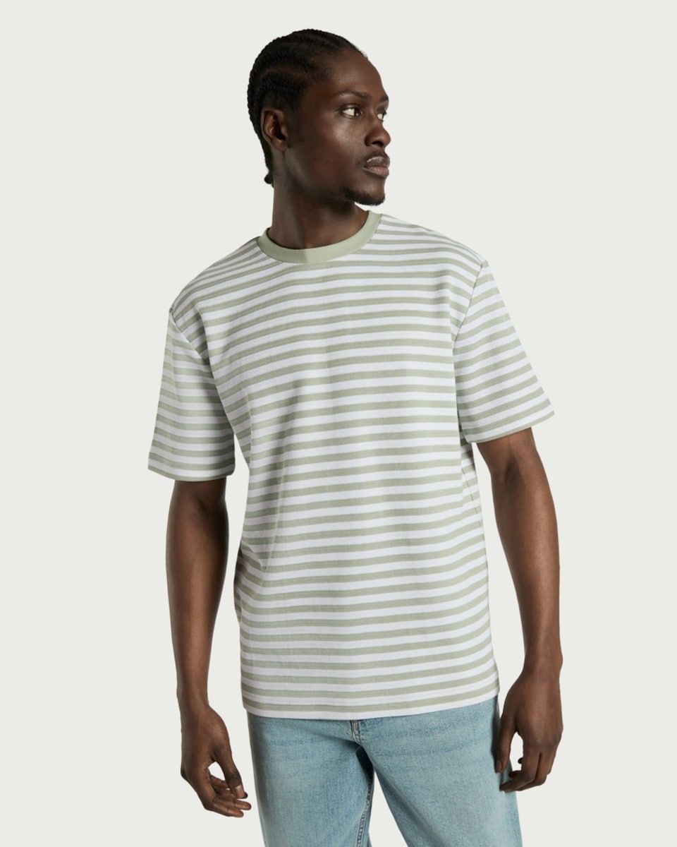 image 1 of F&F Cotton Rich Striped Short Sleeved T-Shirt in Green