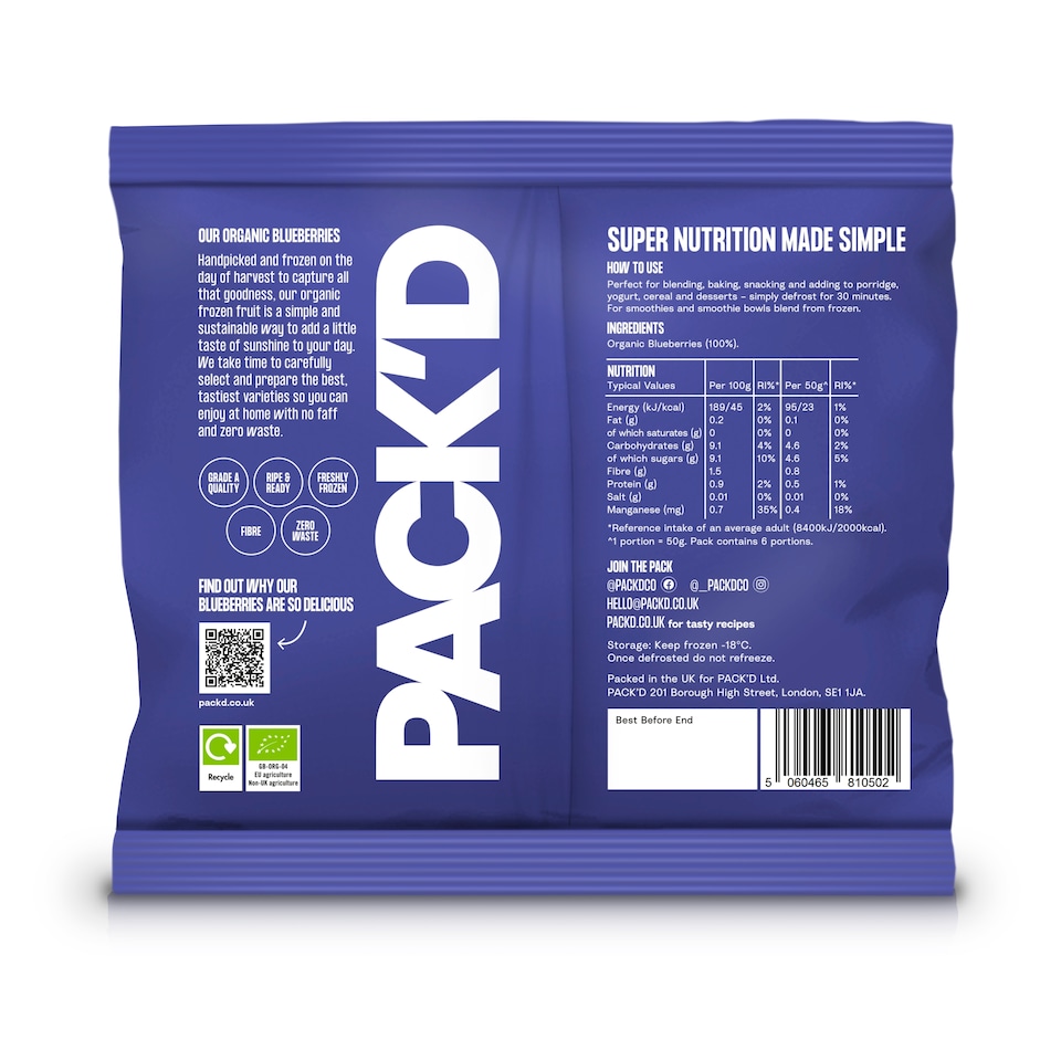 image 1 of PACK'D Organic Blueberries 300g