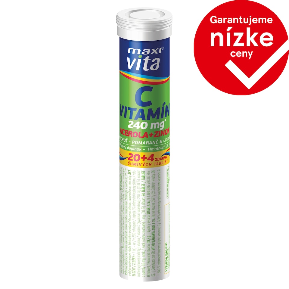 Maxi Vita Vitamín C acerola + zinok príchuť pomaranč & citrón 24 šumivých tabliet 59,3 g