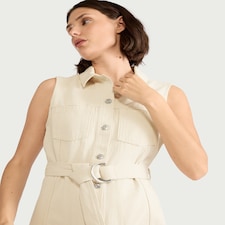 F&F Pure Cotton Belted Shirt Denim Dress in Cream
