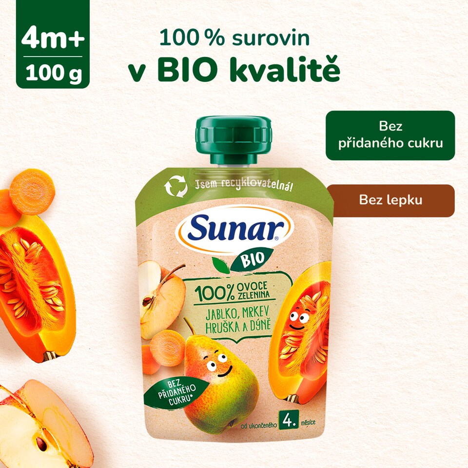 Obrázek 1 pro produkt Sunar BIO ovocno-zeleninová kapsička Jablko, hruška, mrkev, dýně 4m+, 100g 