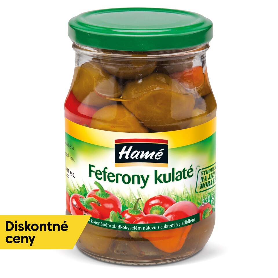 Hamé Feferóny guľaté v korenenom sladkokyslom náleve s cukrom a sladidlami 320 g
