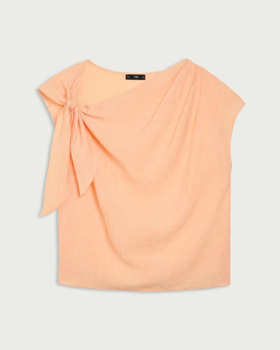 image 1 of F&F Textured Tie Shoulder Blouse in Coral