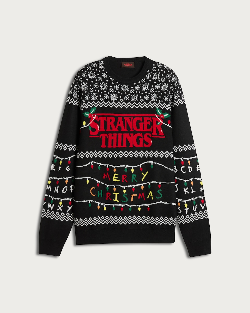image 1 of Stranger Things Knitted Christmas Jumper in Black