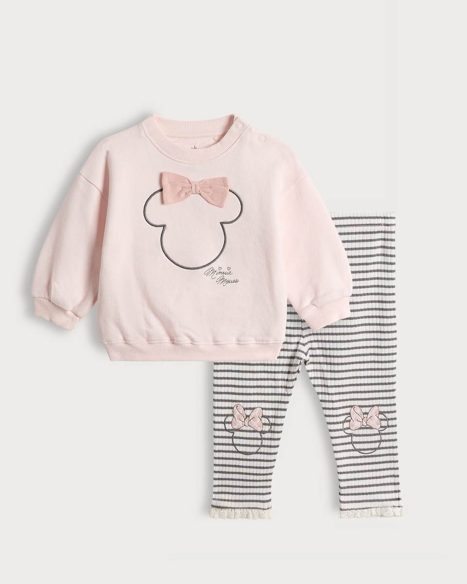 image 1 of Disney Minnie Mouse 2-Piece Cotton Rich Sweatshirt and Leggings Set in Multi Pink