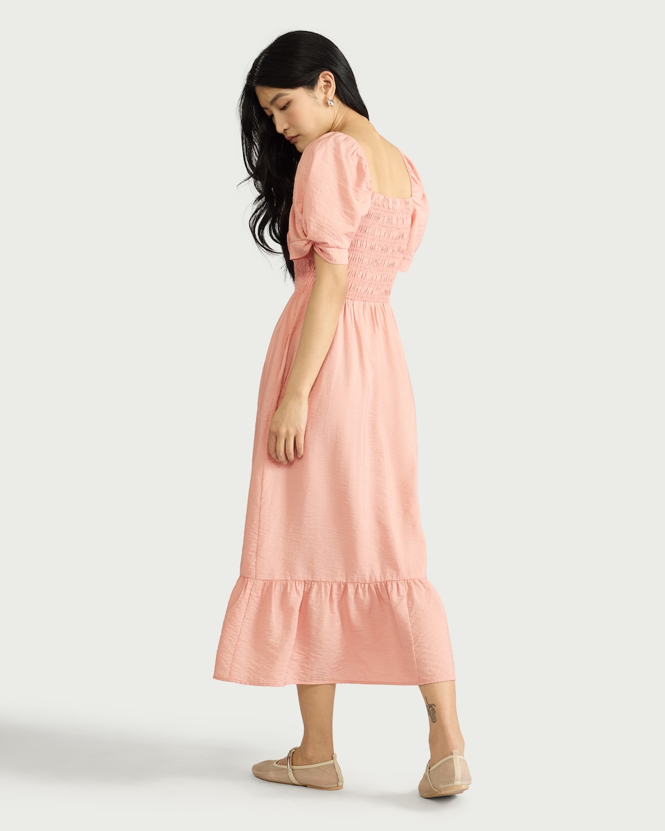 image 1 of F&F Shirred Puff Sleeved Midi Dress in Pink